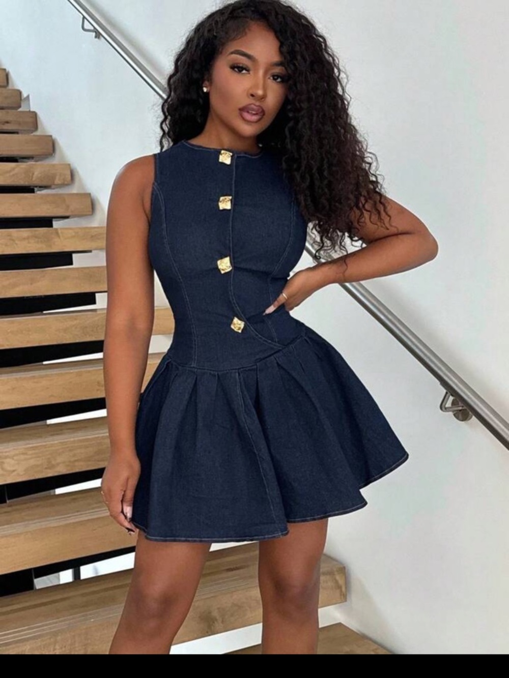 Dark Blue Denim Fit-and-Flare Dress with Gold Button Detail